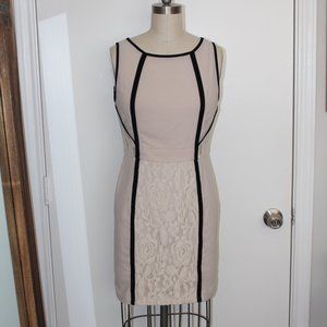 MINUET TAN & BLACK SHEATH DRESS WITH LACE CUTOUTS & PANELS SIZE SMALL
